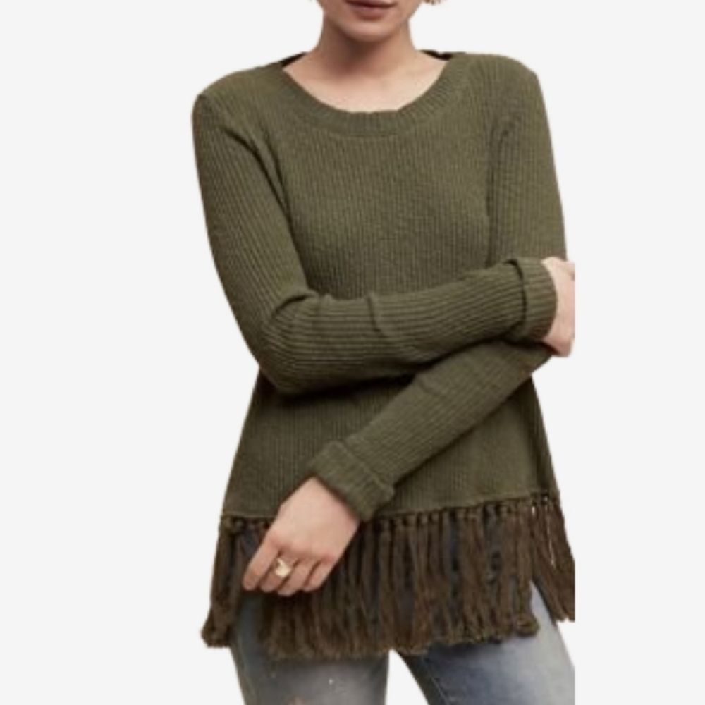 Anthropologie Eri + Ali Ribbed Fringe Top Size Medium Boho Festival Tassel Knit - Picture 1 of 12